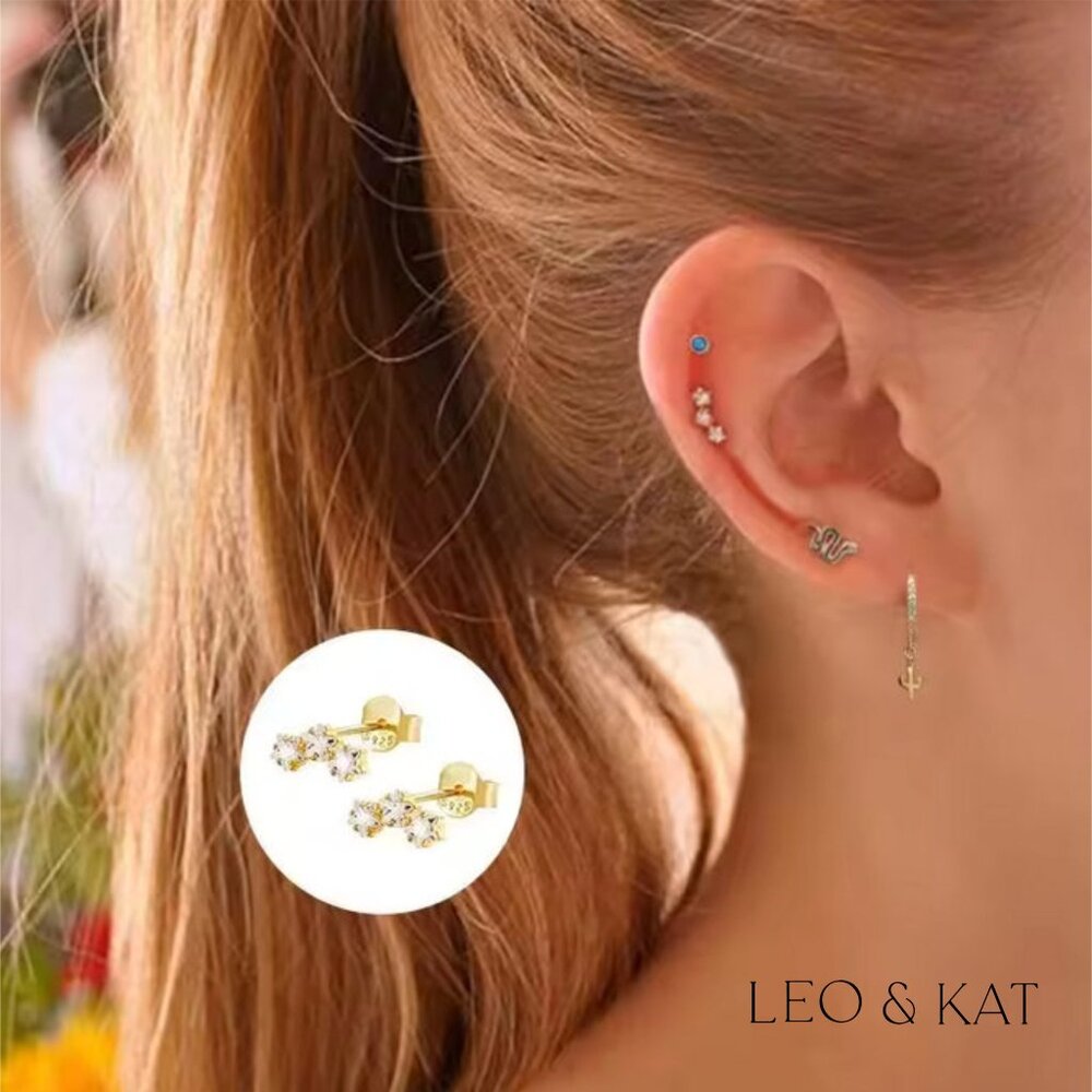 Tri Zircon Stars Gold Stud Earrings. 925 Sterling Silver. #1034 - Picture 3 of 3